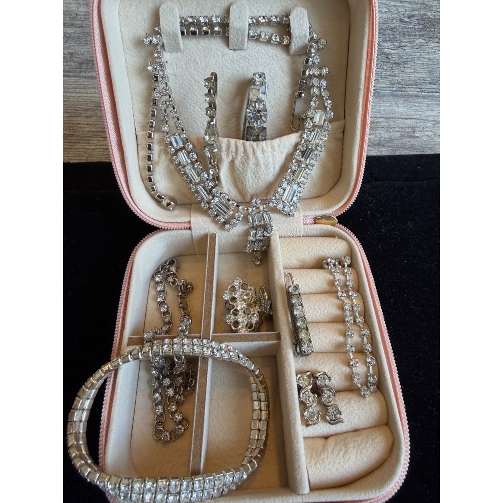 Jewelry Set Silver Tone Rhinestone Necklace Earring Vintage MCM Mid Century